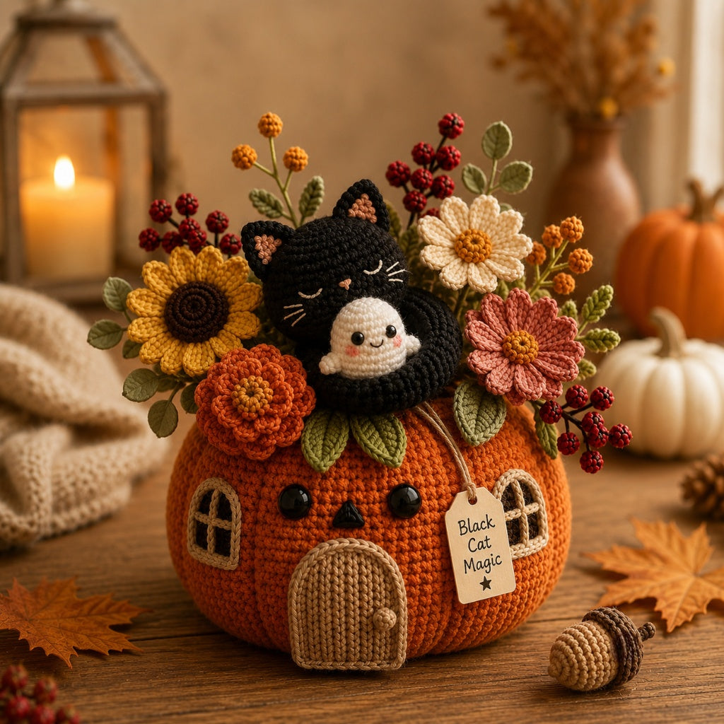 Handmade Crochet Black Cat and Ghost Pumpkin House Decor Pot