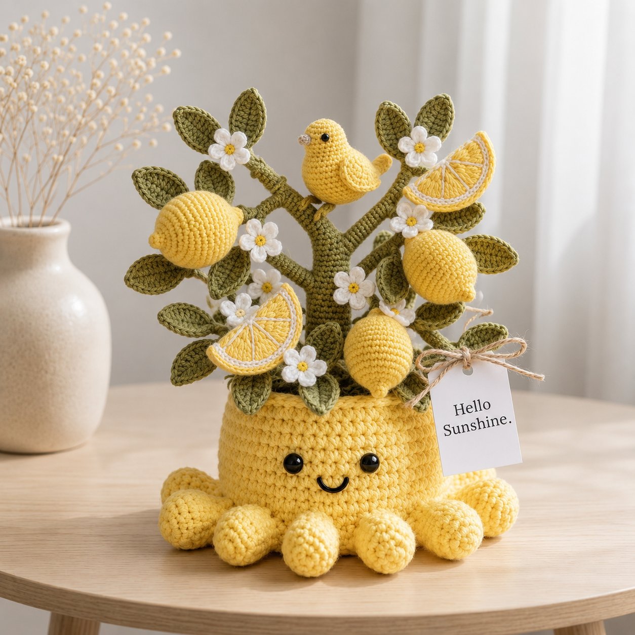 Handmade Crochet Lemon Tree with Cute Octopus & Little Bird | Everlasting Potted Decor
