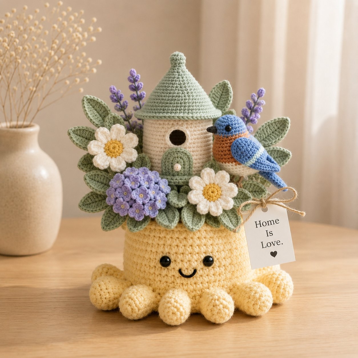 Handmade Crochet Birdhouse Decor with Cute Octopus & Bluebird | Everlasting Potted Ornament