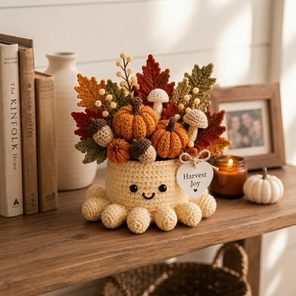 Handmade Crochet Fall Octopus with Autumn Pumpkins & Leaves Decor | Unique Gift