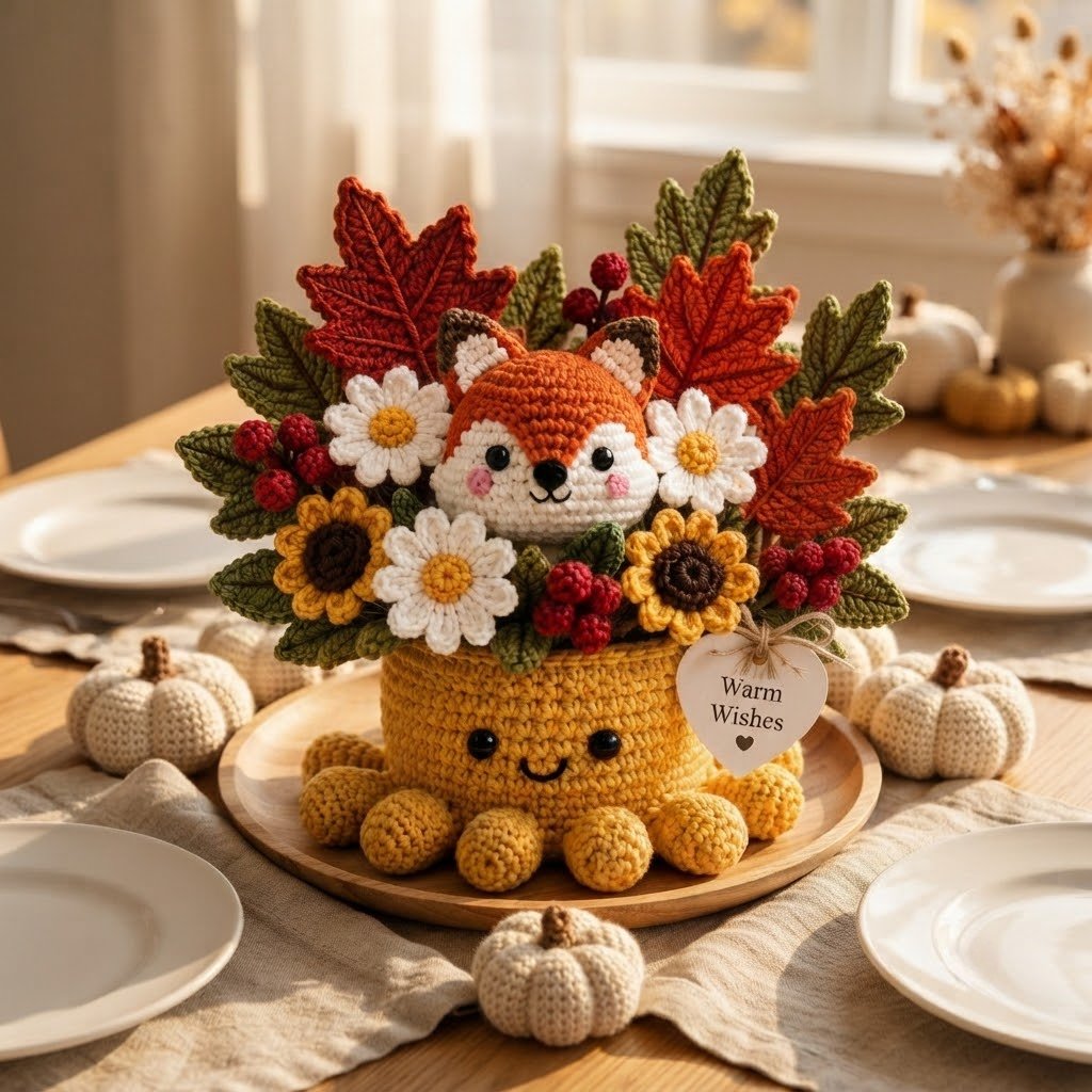 Handmade Crochet Fox Octopus with Autumn Flowers & Leaves | Fall Gift