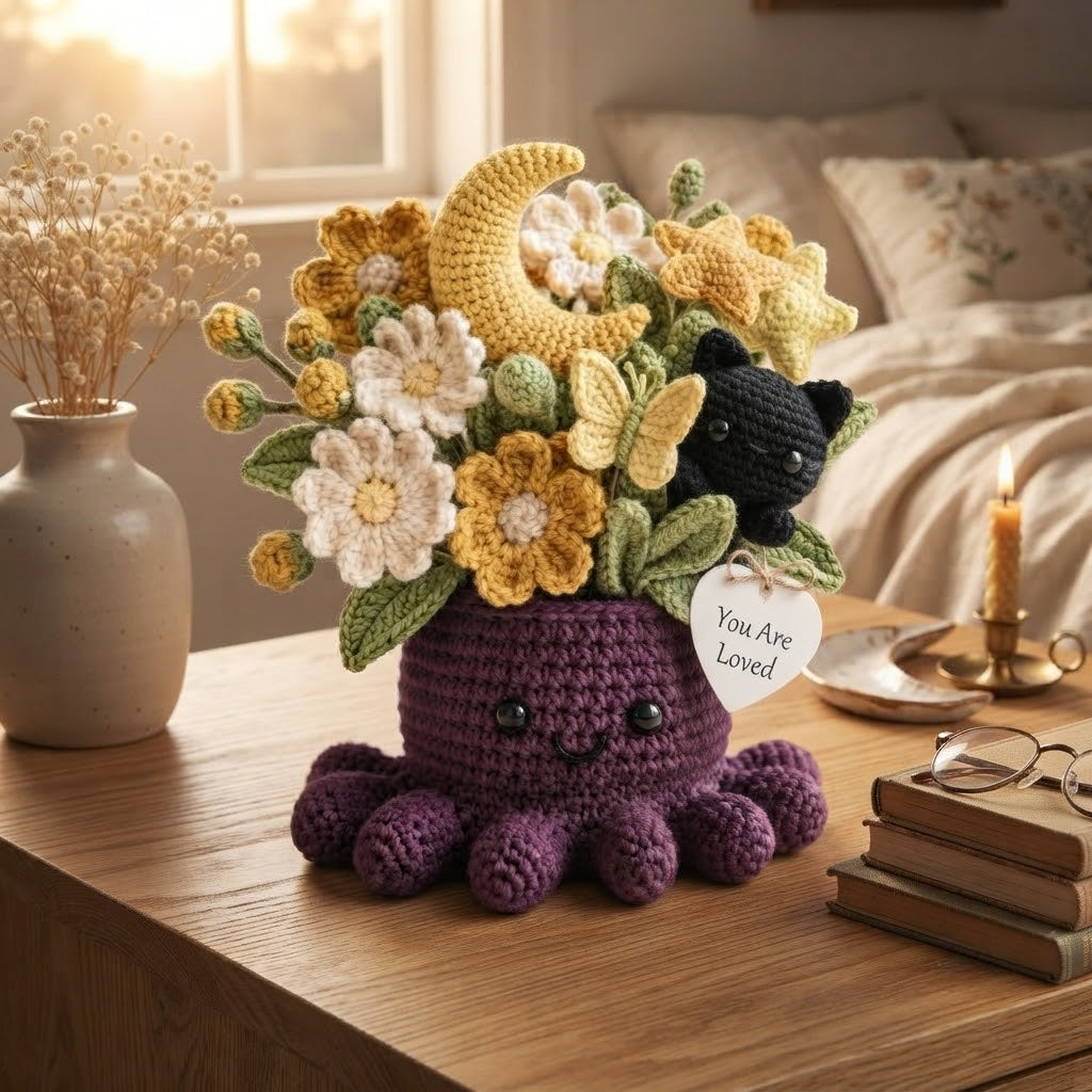 Handmade Crochet Black Cat & Moon Octopus with Flowers | Celestial Gift