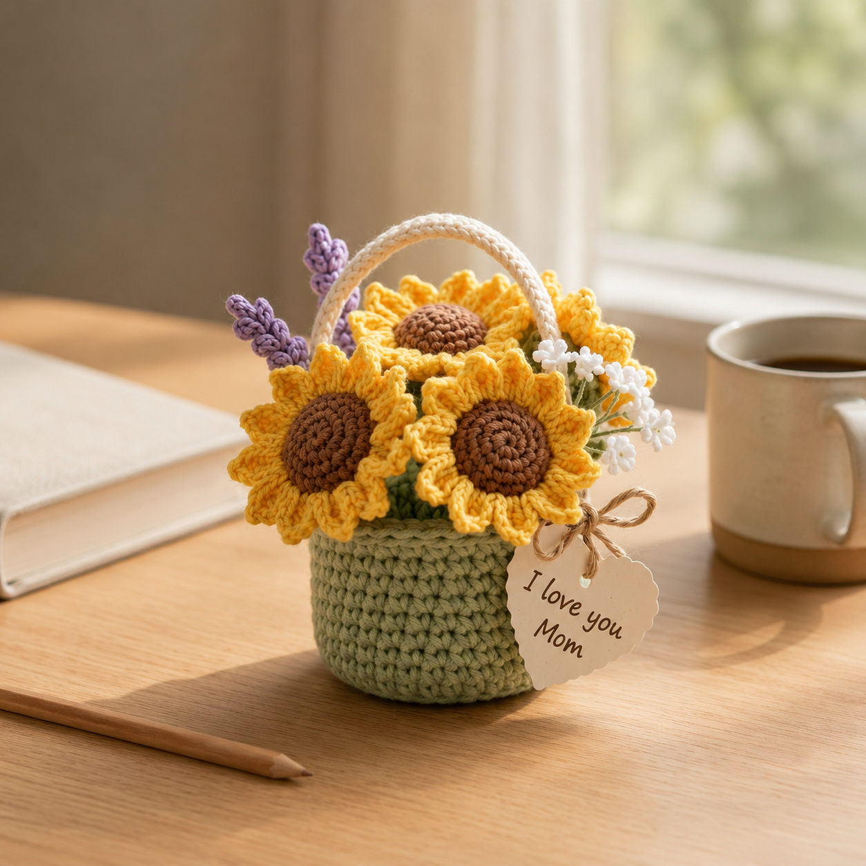 Crochet Sunflower Basket – Handmade Floral Gift for Mom