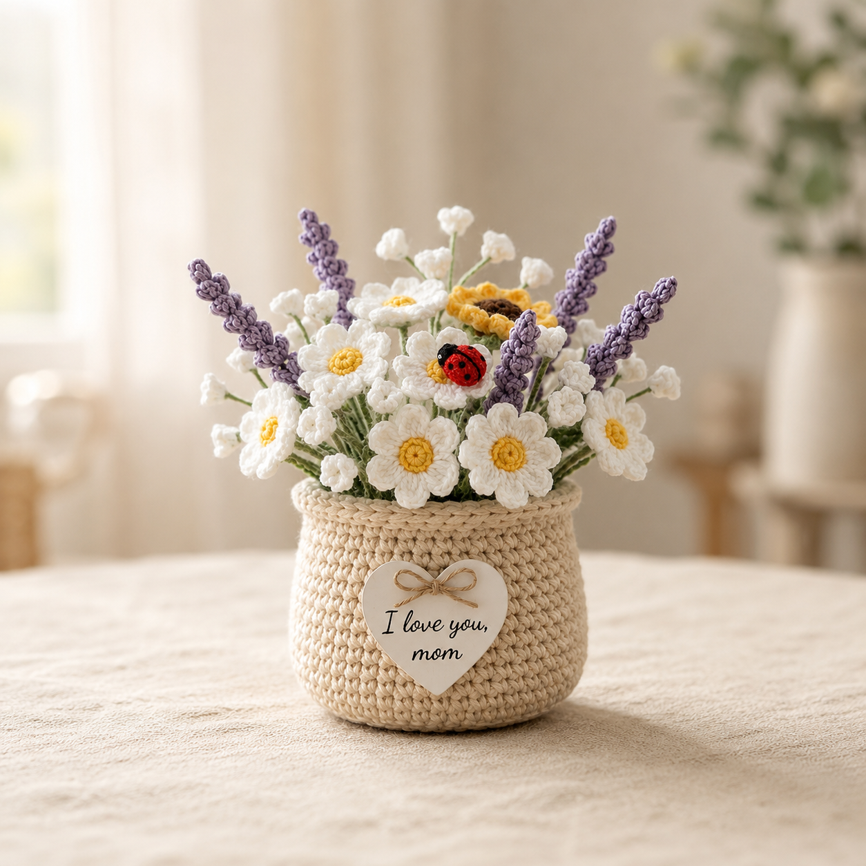 Crochet Daisy & Lavender Basket – Handmade Floral Home Decor
