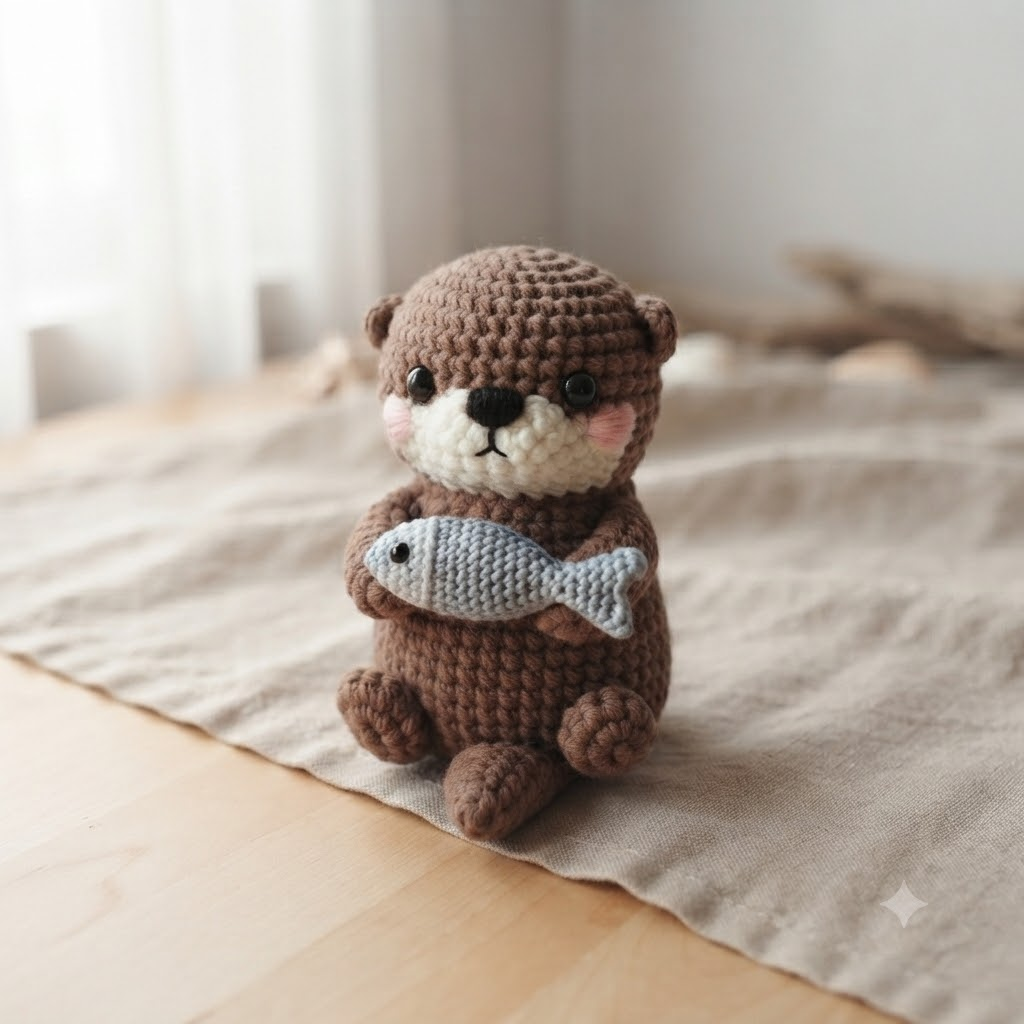 Handmade Crochet Otter Holding Fish – Cute Amigurumi Plush Gift & Woodland Decor
