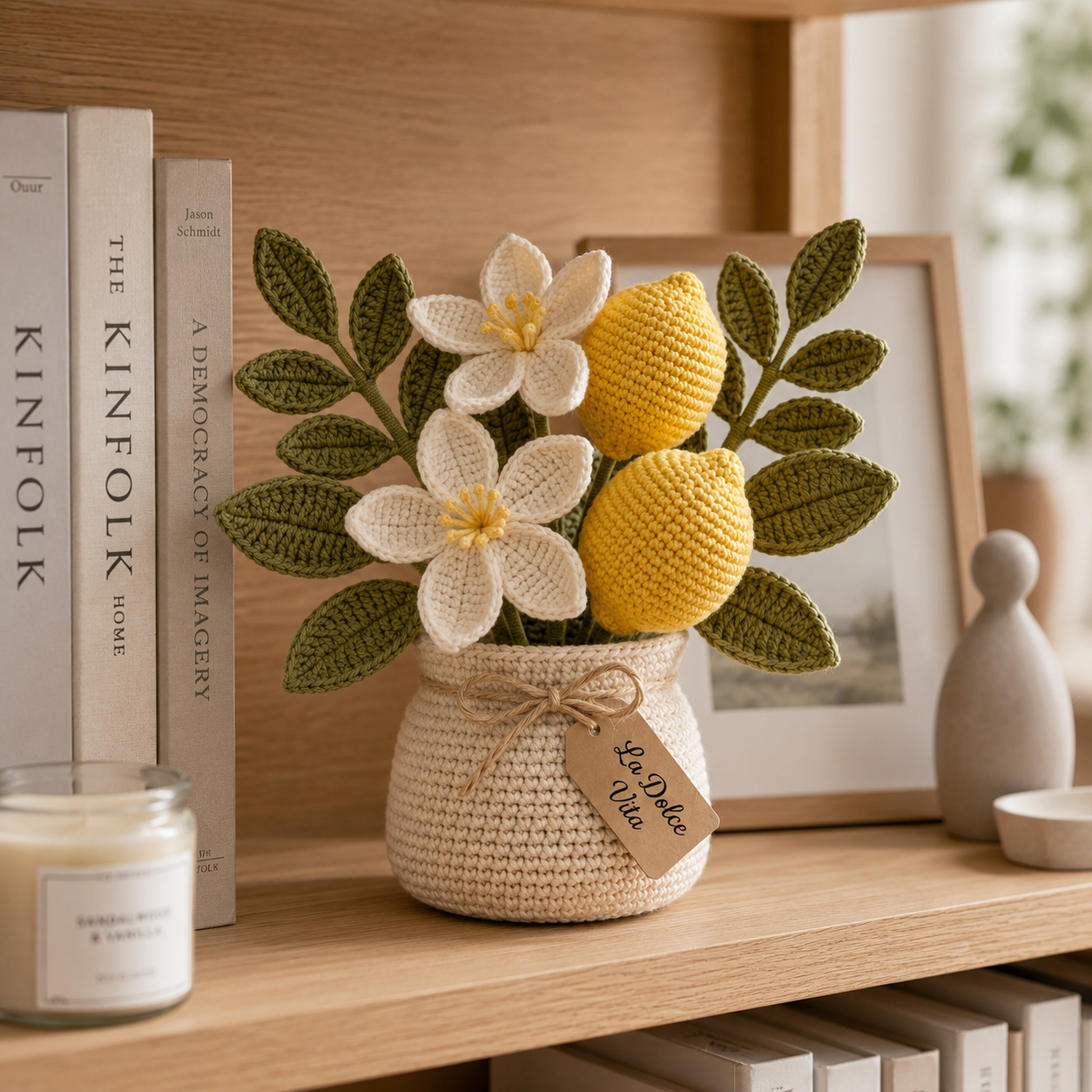 Handmade Crochet Lemon Flower Vase – Citrus Home Decor & Housewarming Gift