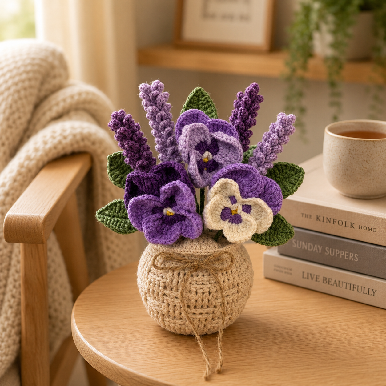 Crochet Lavender & Pansy Arrangement – Handmade Floral Basket