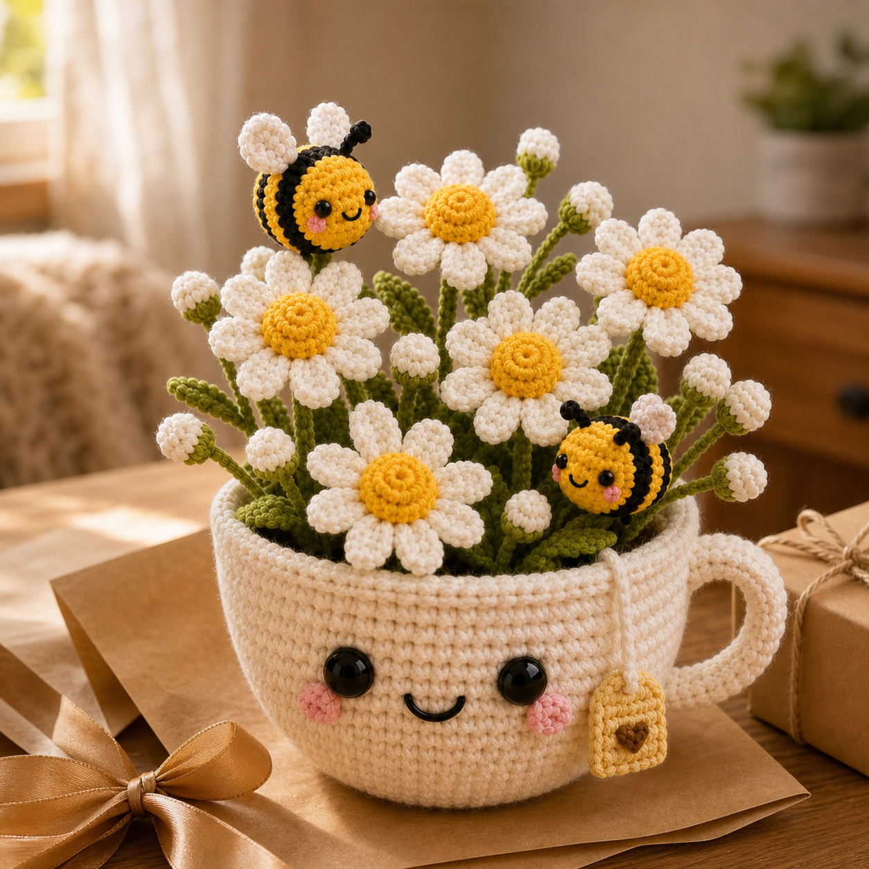 Handmade Crochet Daisy Cup with Bees – Floral Desk Decor