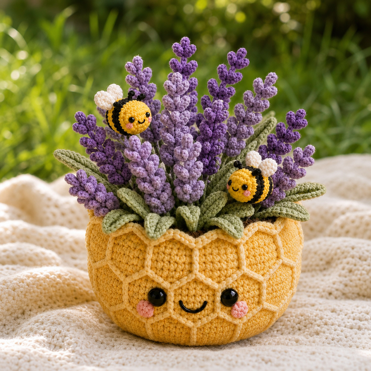 Handmade Crochet Lavender Pot with Bees – Honeycomb Floral Decor