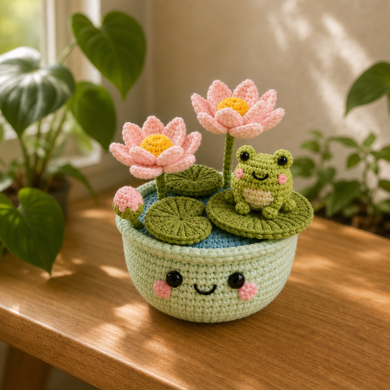 Handmade Crochet Frog With Lotus Flower Pot – Woodland Desk Decor