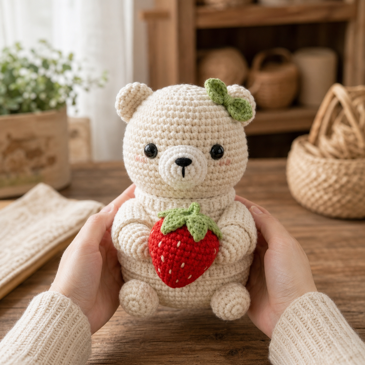 Handmade Crochet Teddy Bear with Strawberry – Cute Plush Gift