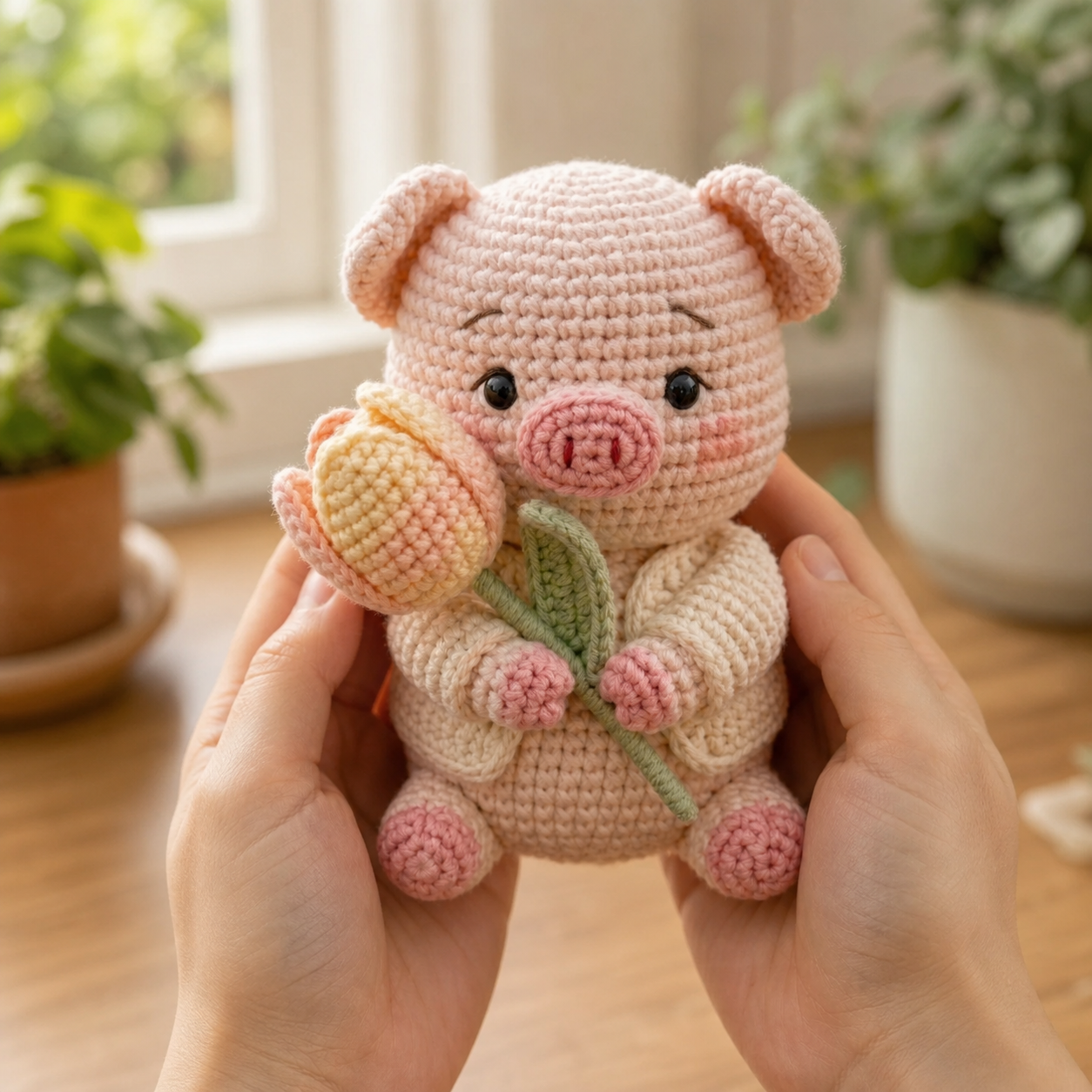 Handmade Crochet Pig with Tulip Flower – Cute Amigurumi Desk Decor