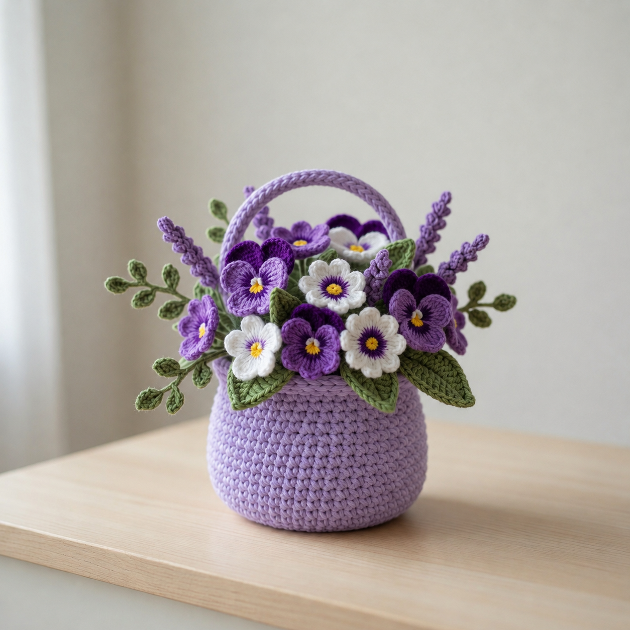 Crochet Pansy Flower Pot, Handmade Floral Desk Decor, Gift for Her