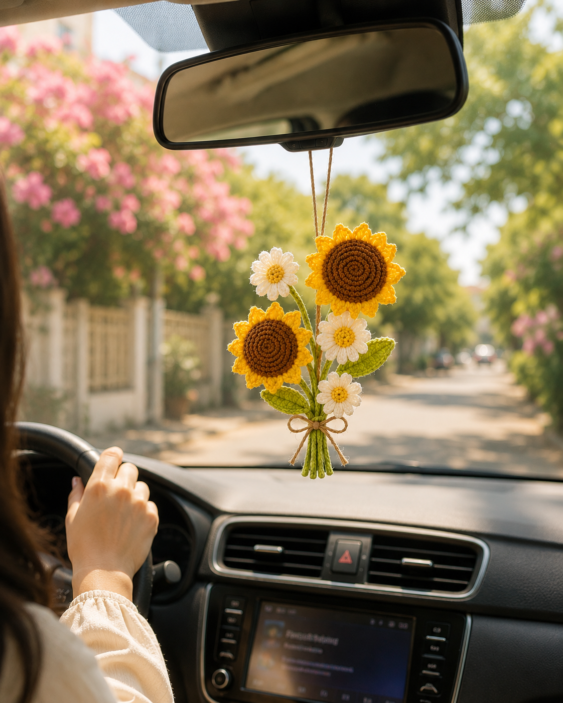 Crochet Sunflower Car Hanging – Handmade Daisy Rearview Mirror Bouquet