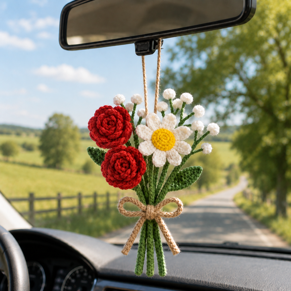 Crochet Rose and Daisy Car Hanging – Handmade Floral Mirror Bouquet