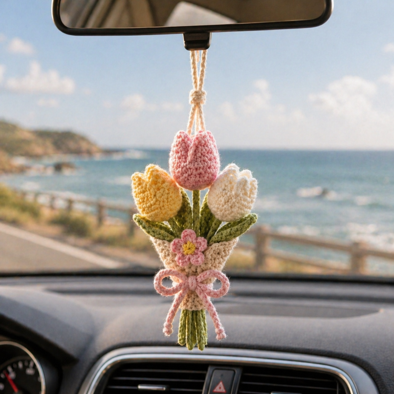 Crochet Tulip Car Hanging – Handmade Floral Rearview Mirror Ornament