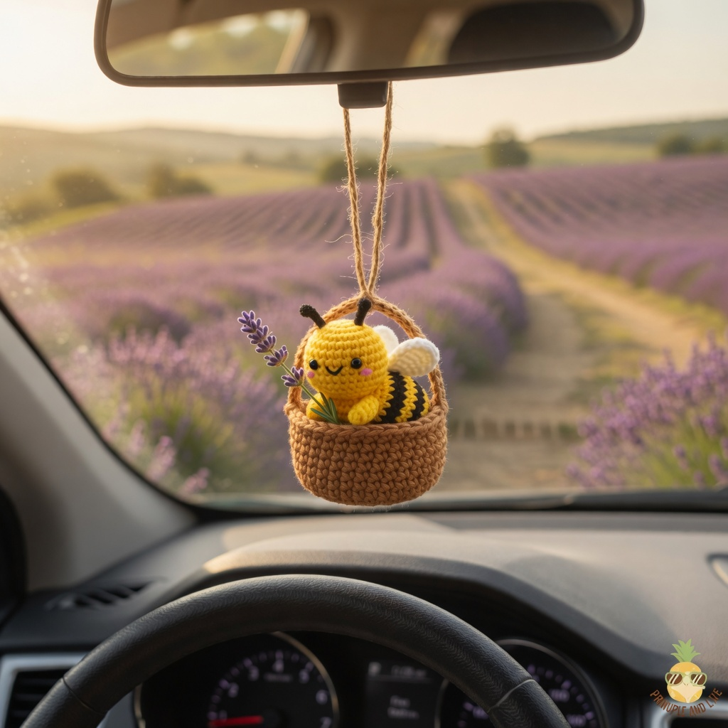 Handmade Crochet Bee Basket Car Charm – Cute Rear View Mirror Ornament
