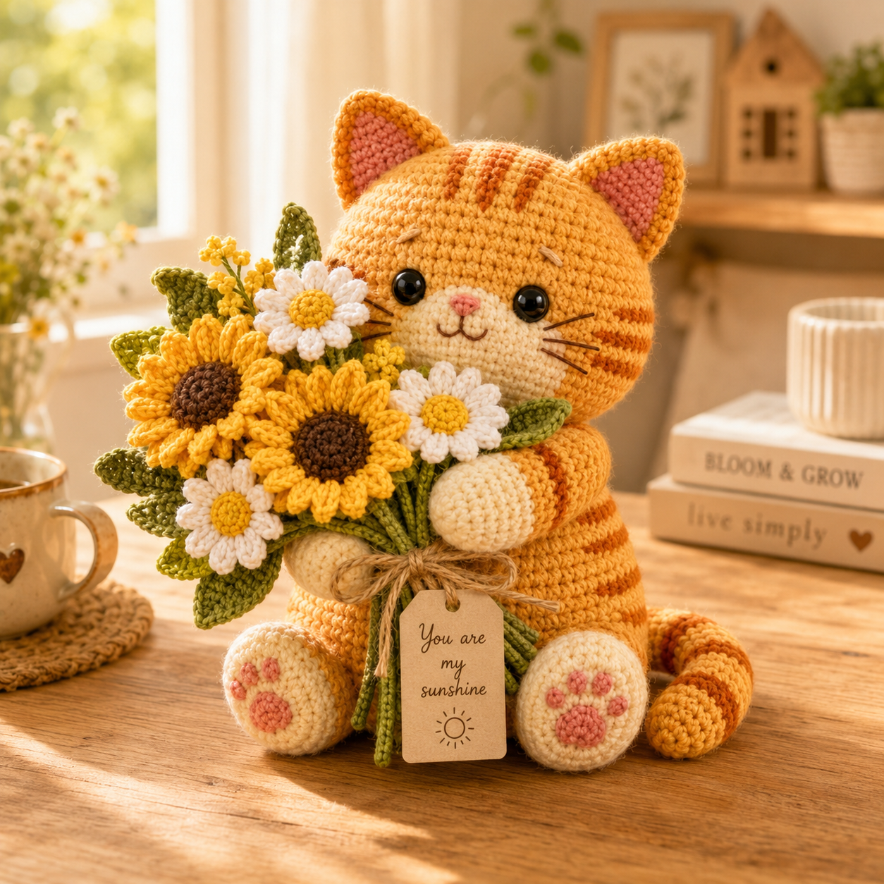 Sunshine Crochet Cat with Sunflower Bouquet – Handmade Floral Gift