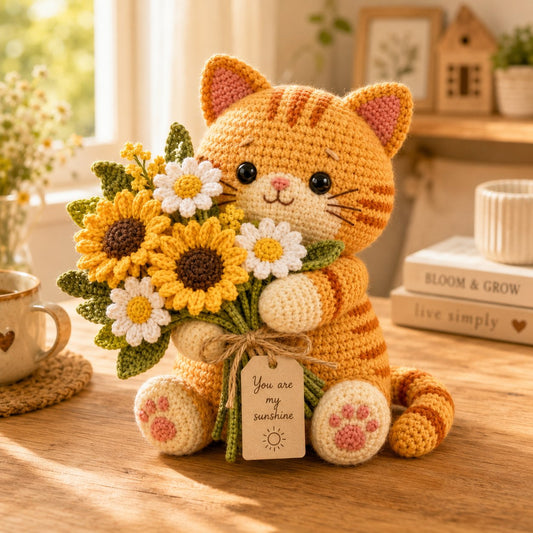 Sunshine Crochet Cat with Sunflower Bouquet – Handmade Floral Gift