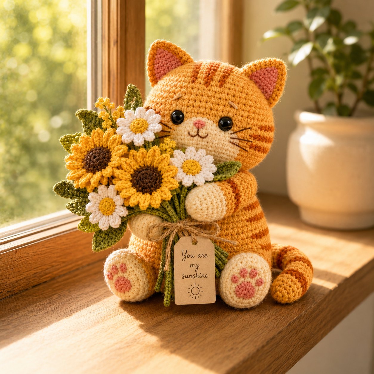 Sunshine Crochet Cat with Sunflower Bouquet – Handmade Floral Gift