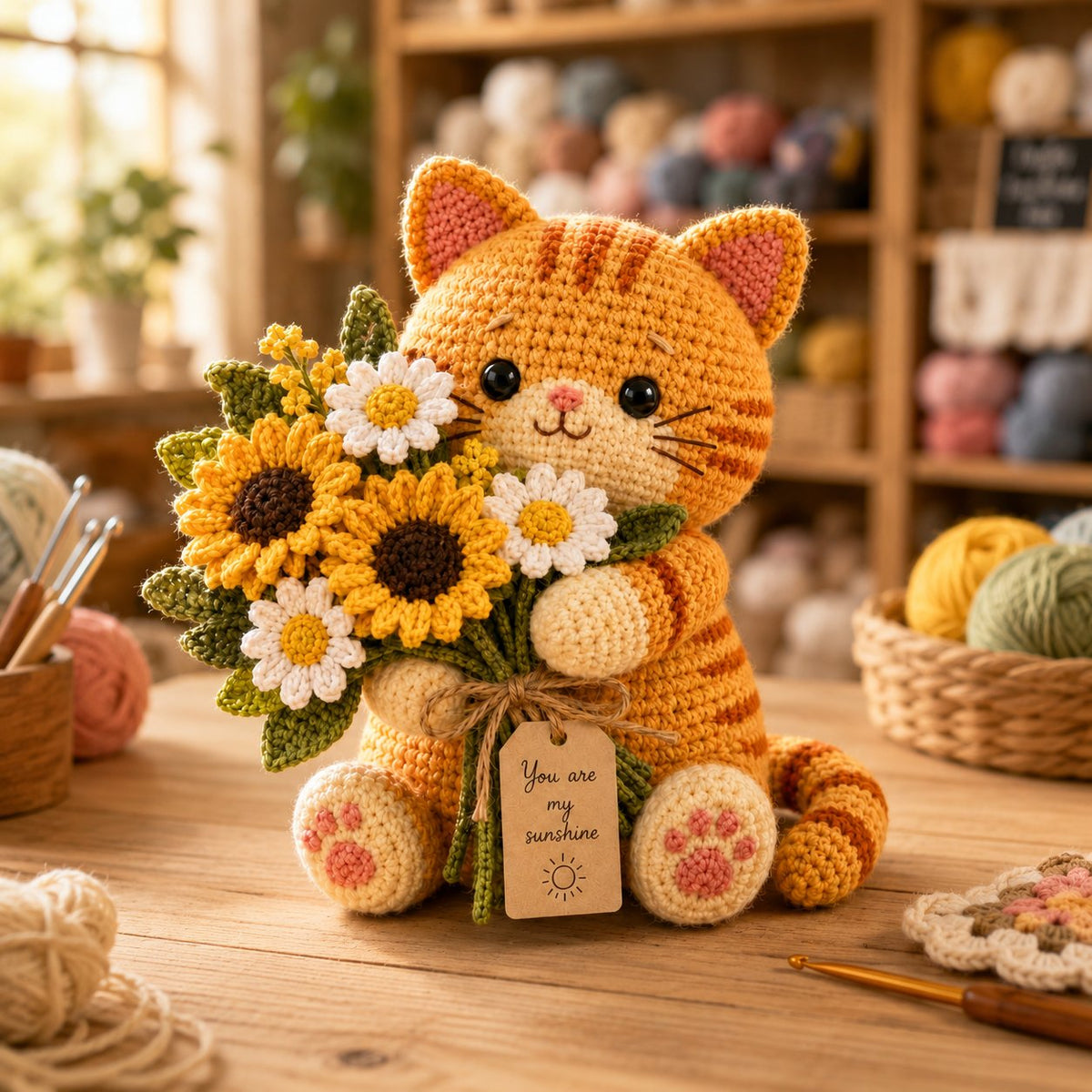 Sunshine Crochet Cat with Sunflower Bouquet – Handmade Floral Gift