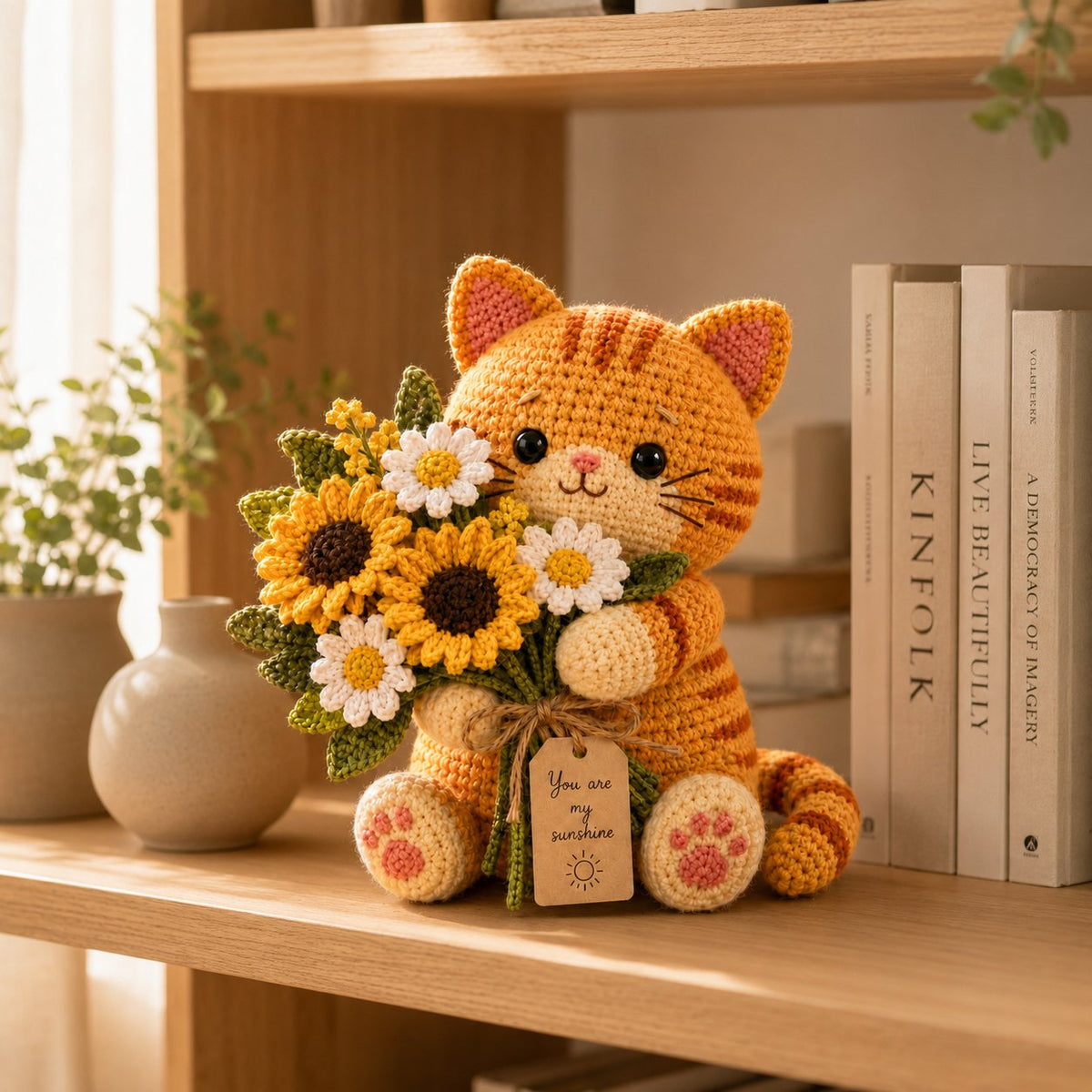 Sunshine Crochet Cat with Sunflower Bouquet – Handmade Floral Gift