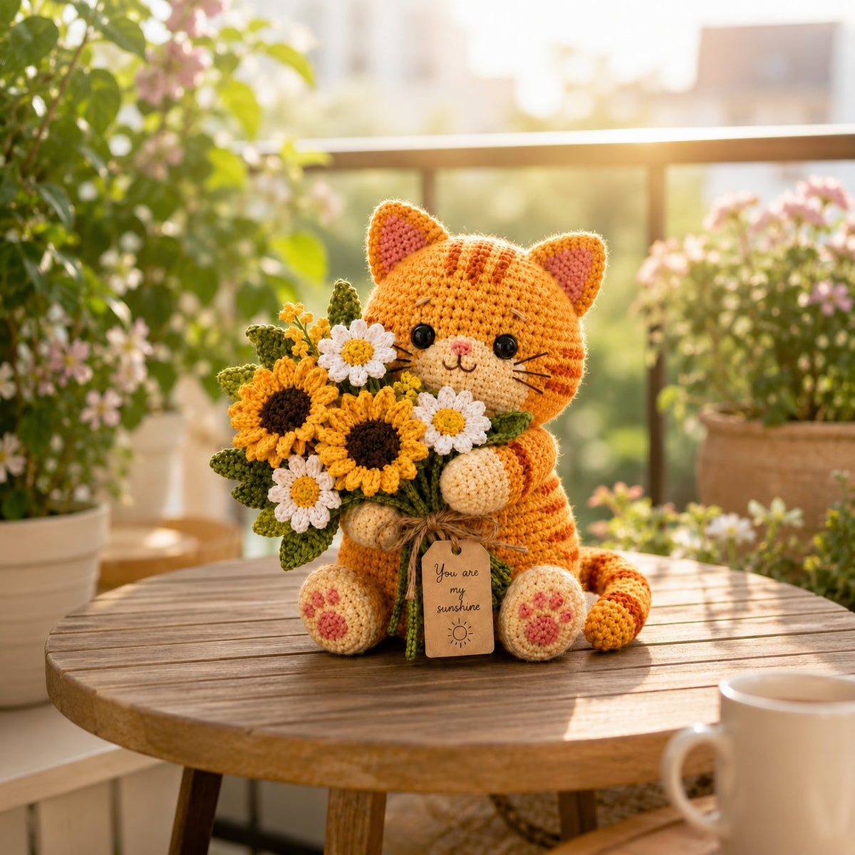 Sunshine Crochet Cat with Sunflower Bouquet – Handmade Floral Gift