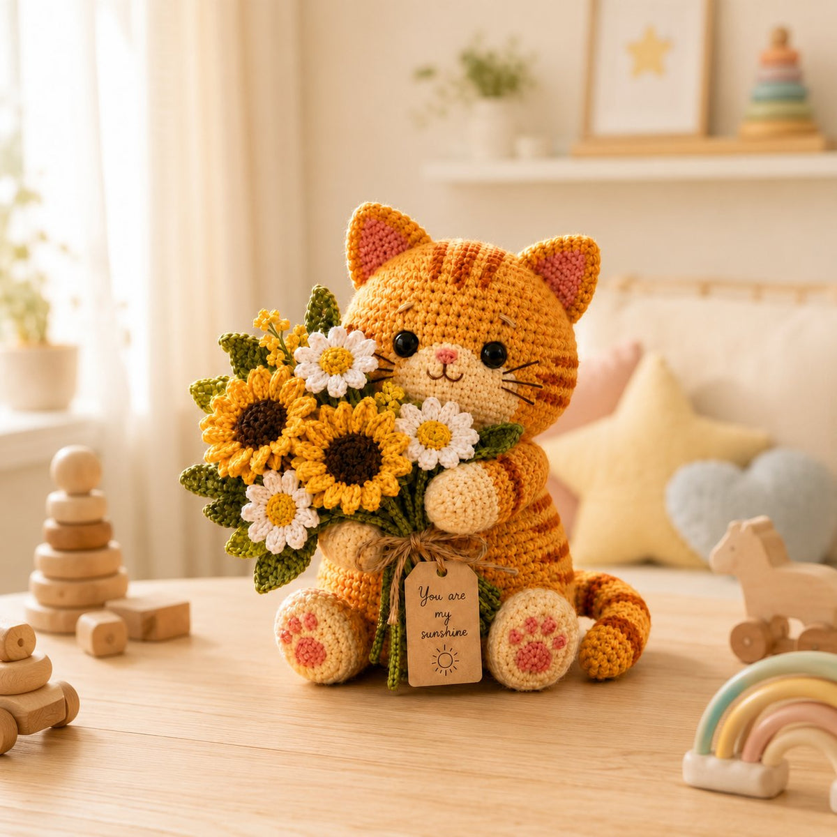 Sunshine Crochet Cat with Sunflower Bouquet – Handmade Floral Gift