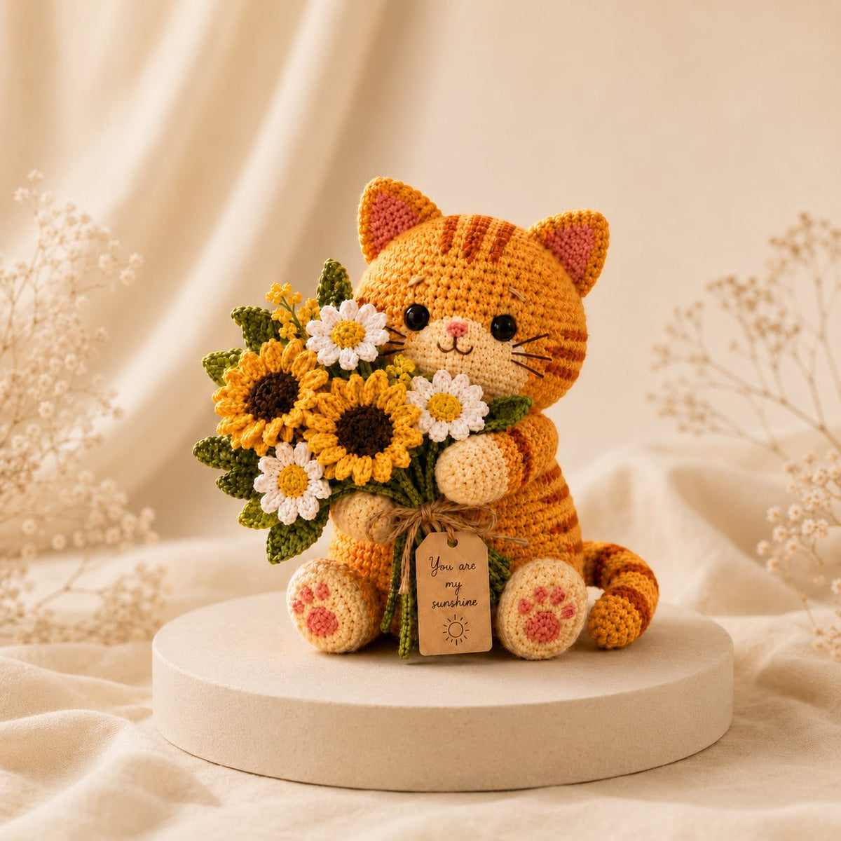 Sunshine Crochet Cat with Sunflower Bouquet – Handmade Floral Gift