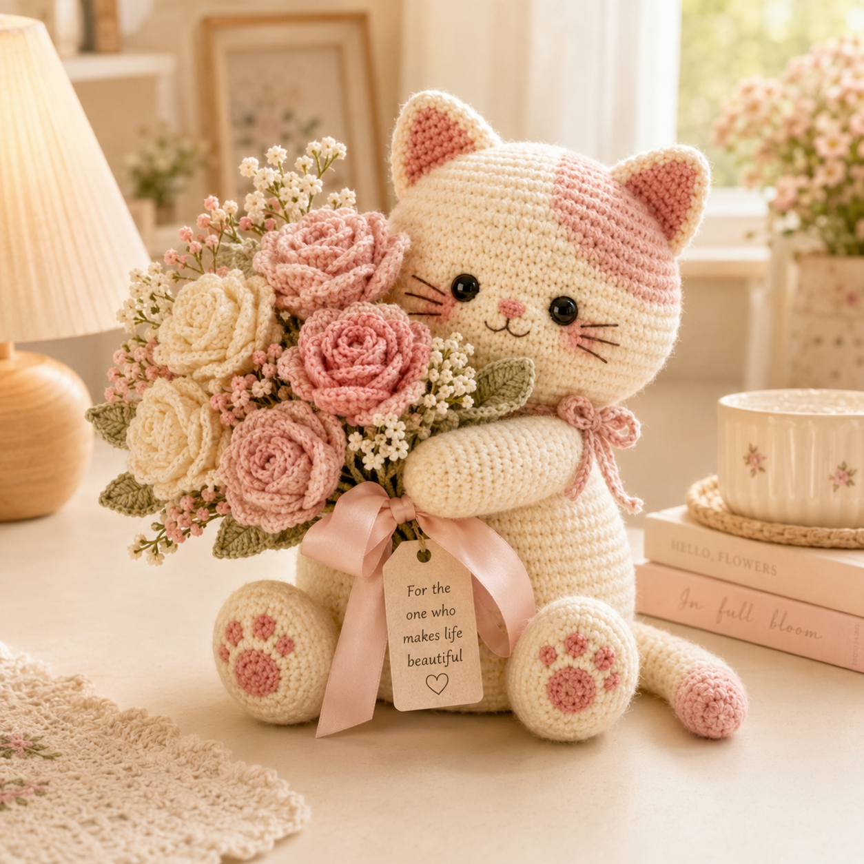 Blush Rose Crochet Cat – Handmade Floral Gift for Mom & Cat Lovers