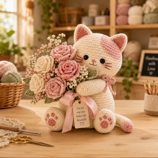 Blush Rose Crochet Cat – Handmade Floral Gift for Mom & Cat Lovers