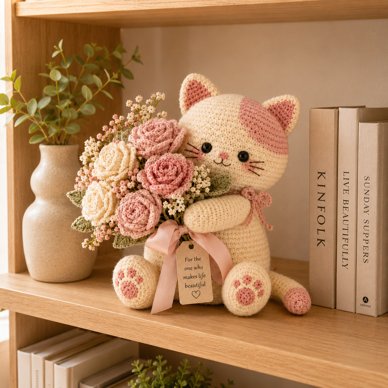Blush Rose Crochet Cat – Handmade Floral Gift for Mom & Cat Lovers