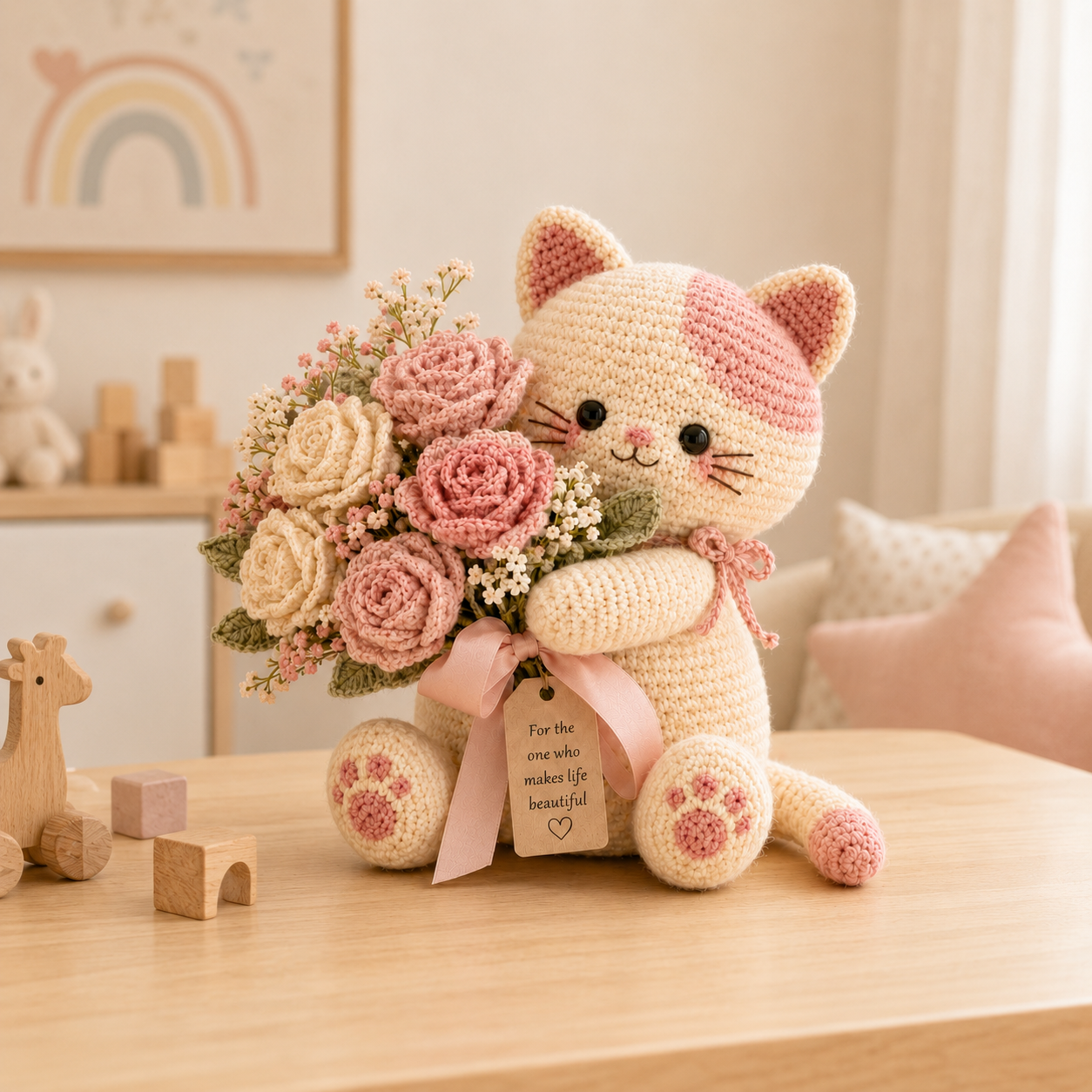 Blush Rose Crochet Cat – Handmade Floral Gift for Mom & Cat Lovers