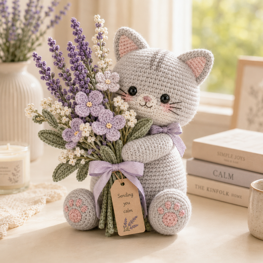 Lavender Comfort Crochet Cat – Handmade Calming Floral Gift for Mom & Cat Lovers