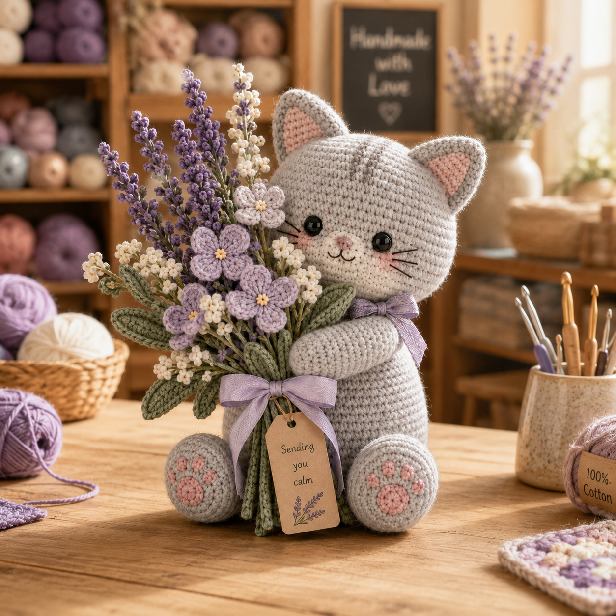Lavender Comfort Crochet Cat – Handmade Calming Floral Gift for Mom & Cat Lovers