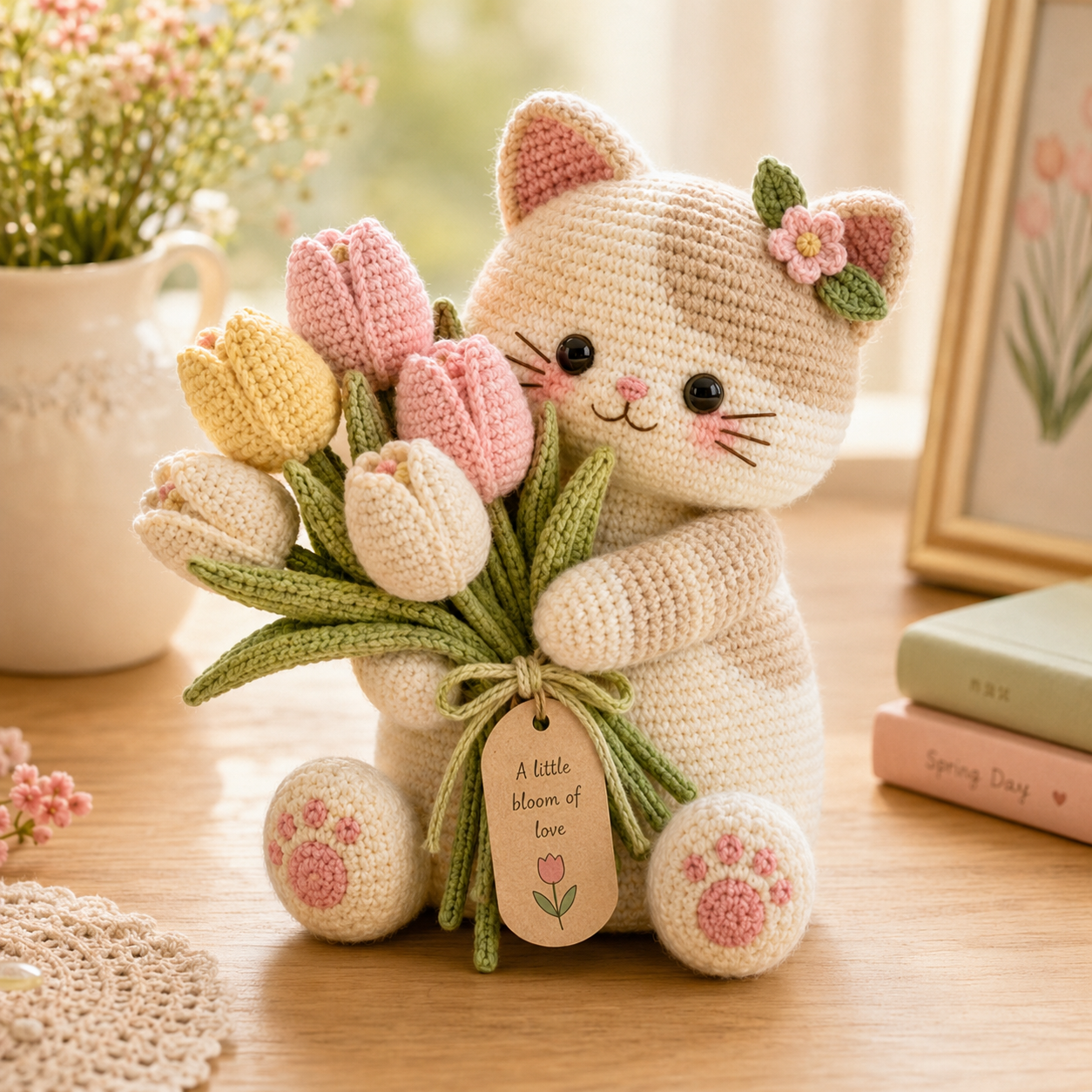 Pastel Tulip Crochet Cat – Handmade Floral Gift for Mom & Cat Lovers