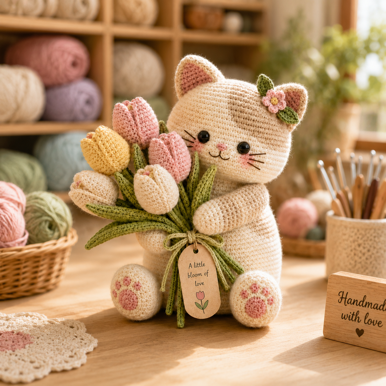 Pastel Tulip Crochet Cat – Handmade Floral Gift for Mom & Cat Lovers