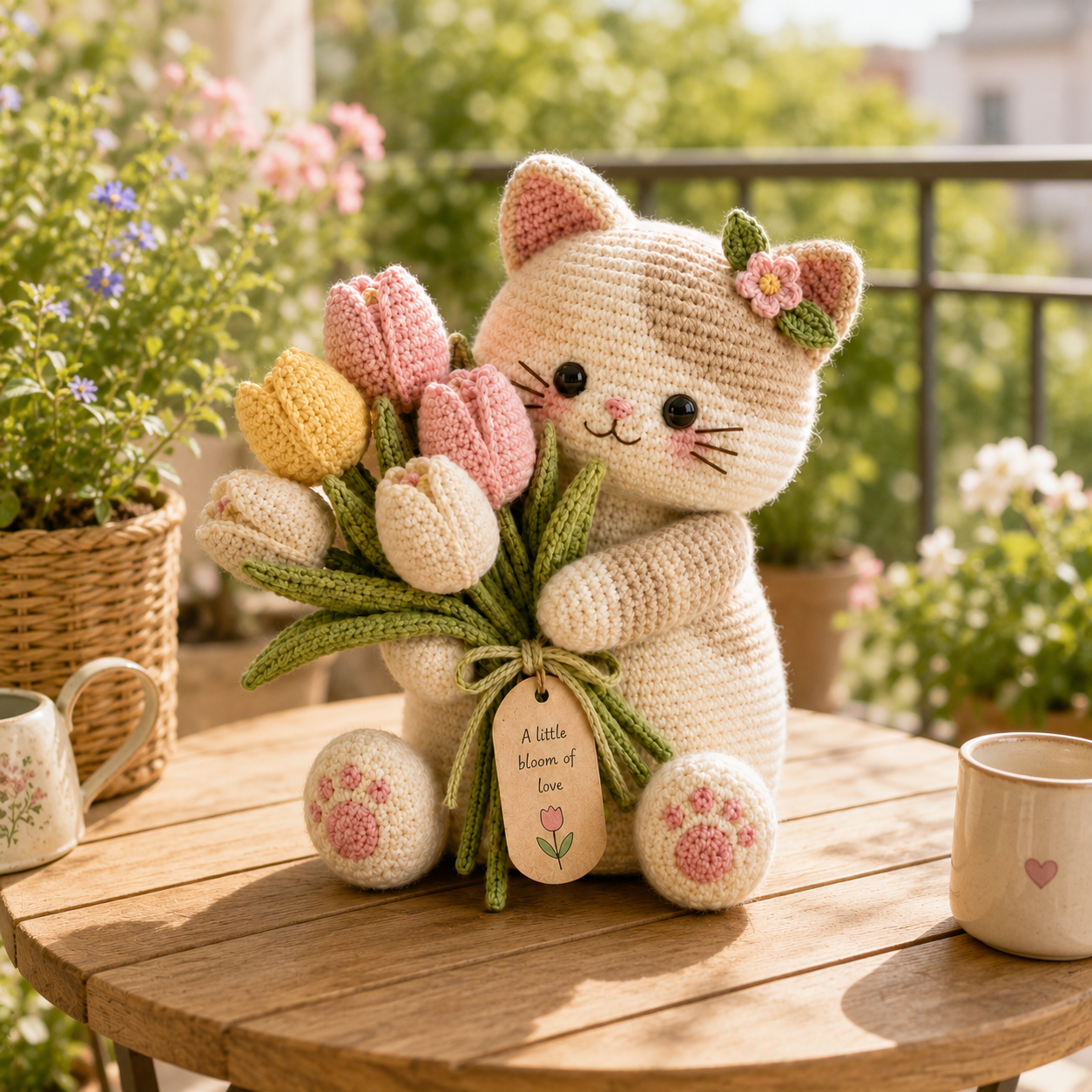 Pastel Tulip Crochet Cat – Handmade Floral Gift for Mom & Cat Lovers