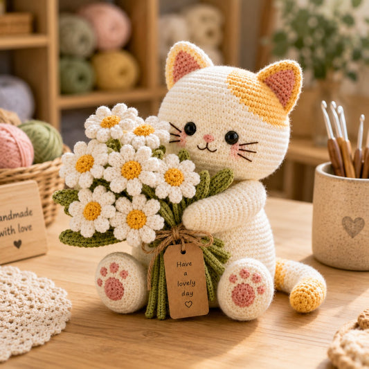 Daisy Day Crochet Cat – Handmade Floral Gift for Mom & Cat Lovers