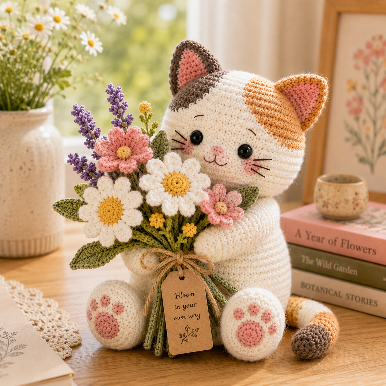 Wildflower Crochet Cat – Handmade “Bloom Your Own Way” Gift