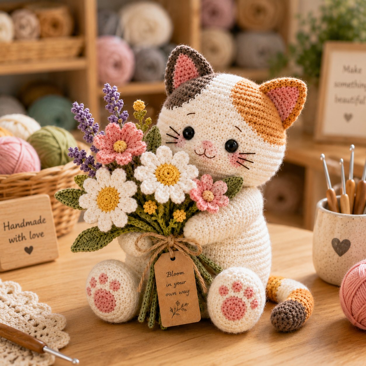 Wildflower Crochet Cat – Handmade “Bloom Your Own Way” Gift