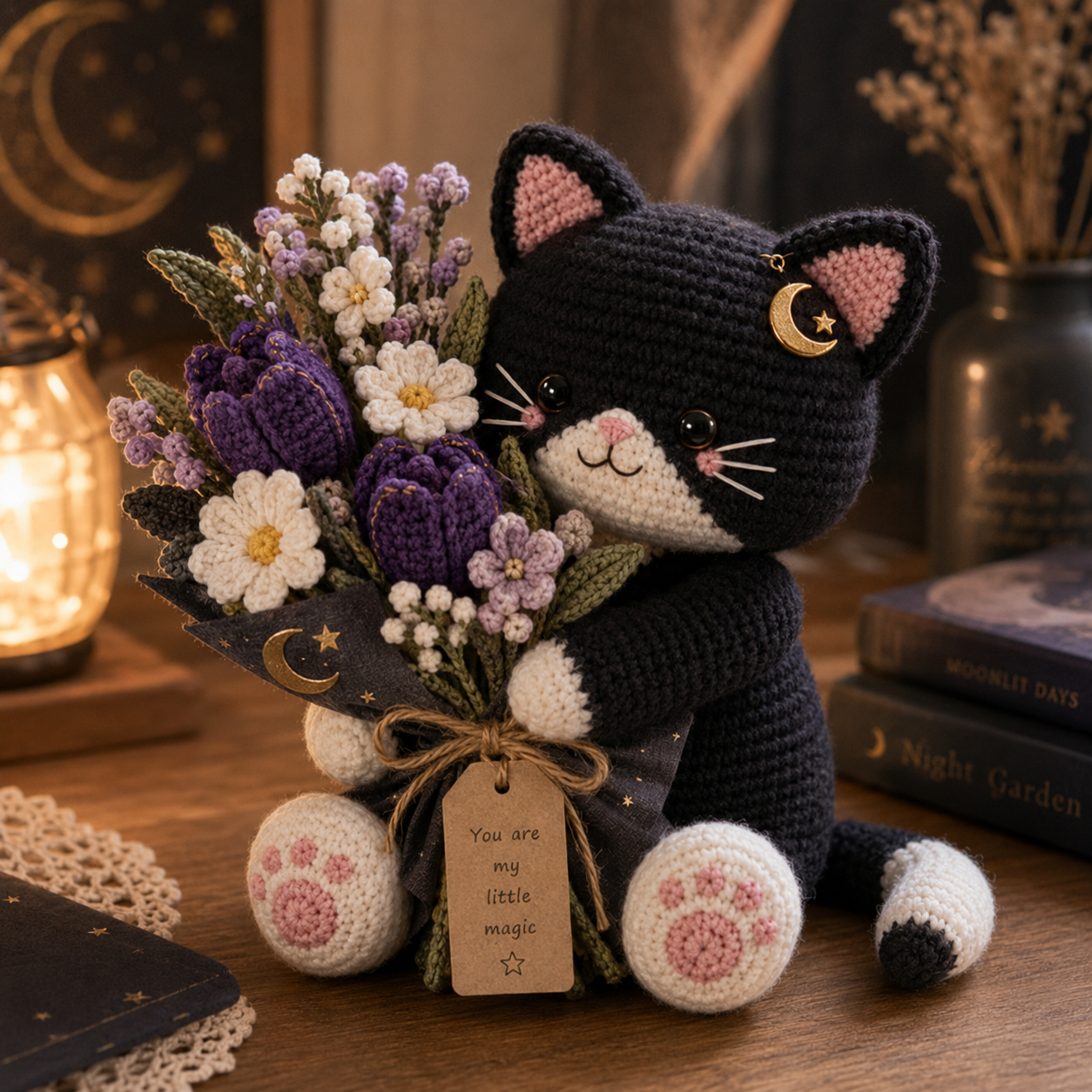 Moon Bloom Crochet Cat – Handmade Magical Floral Gift for Cat Lovers