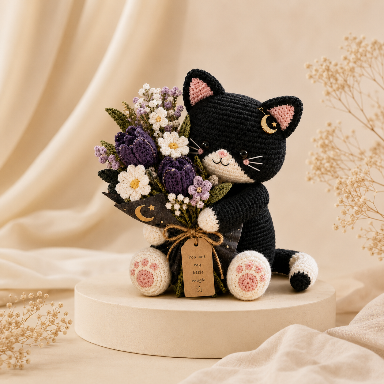Moon Bloom Crochet Cat – Handmade Magical Floral Gift for Cat Lovers