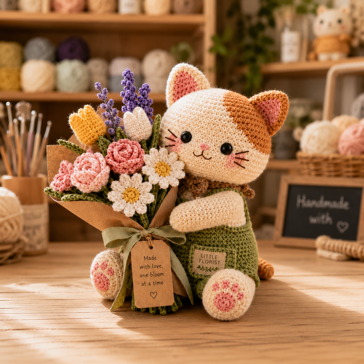 Little Florist Crochet Cat – Handmade Mixed Flower Bouquet Gifts