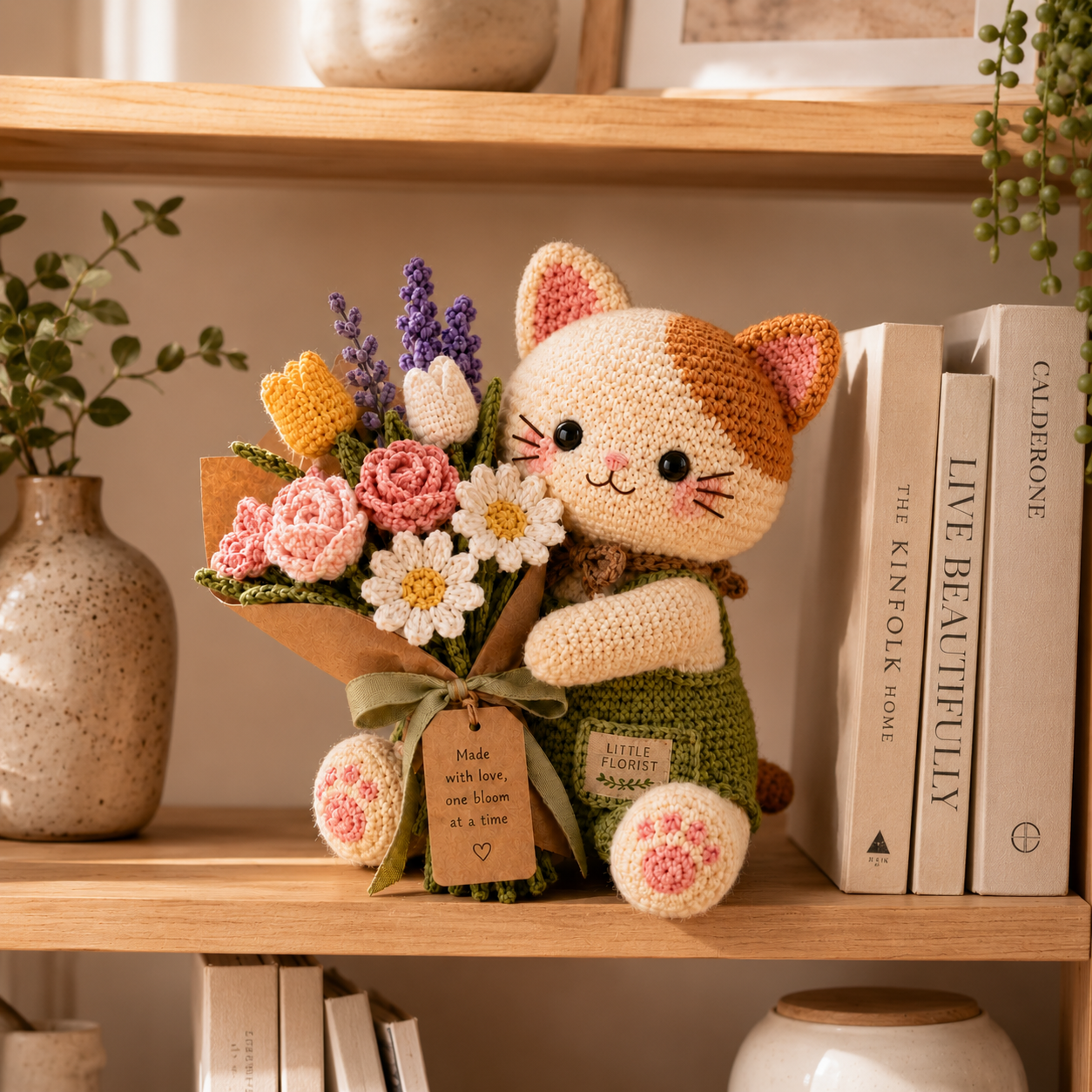 Little Florist Crochet Cat – Handmade Mixed Flower Bouquet Gifts