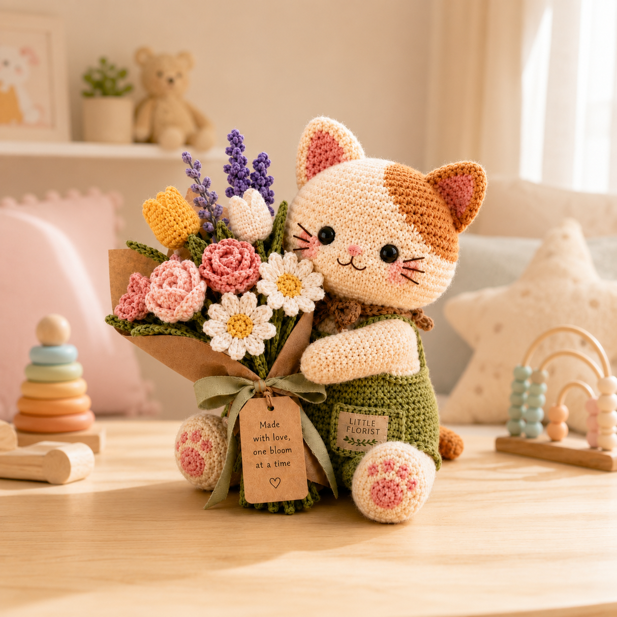 Little Florist Crochet Cat – Handmade Mixed Flower Bouquet Gifts