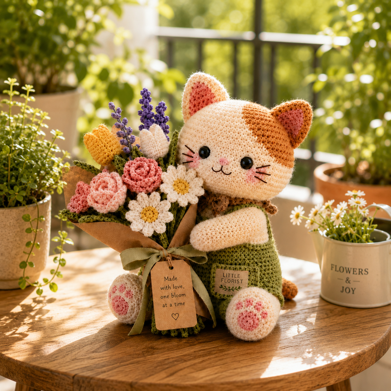 Little Florist Crochet Cat – Handmade Mixed Flower Bouquet Gifts