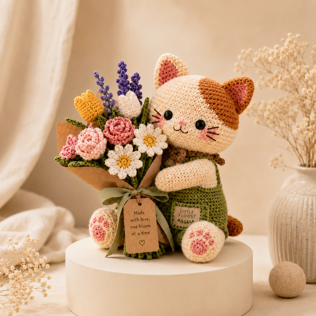 Little Florist Crochet Cat – Handmade Mixed Flower Bouquet Gifts