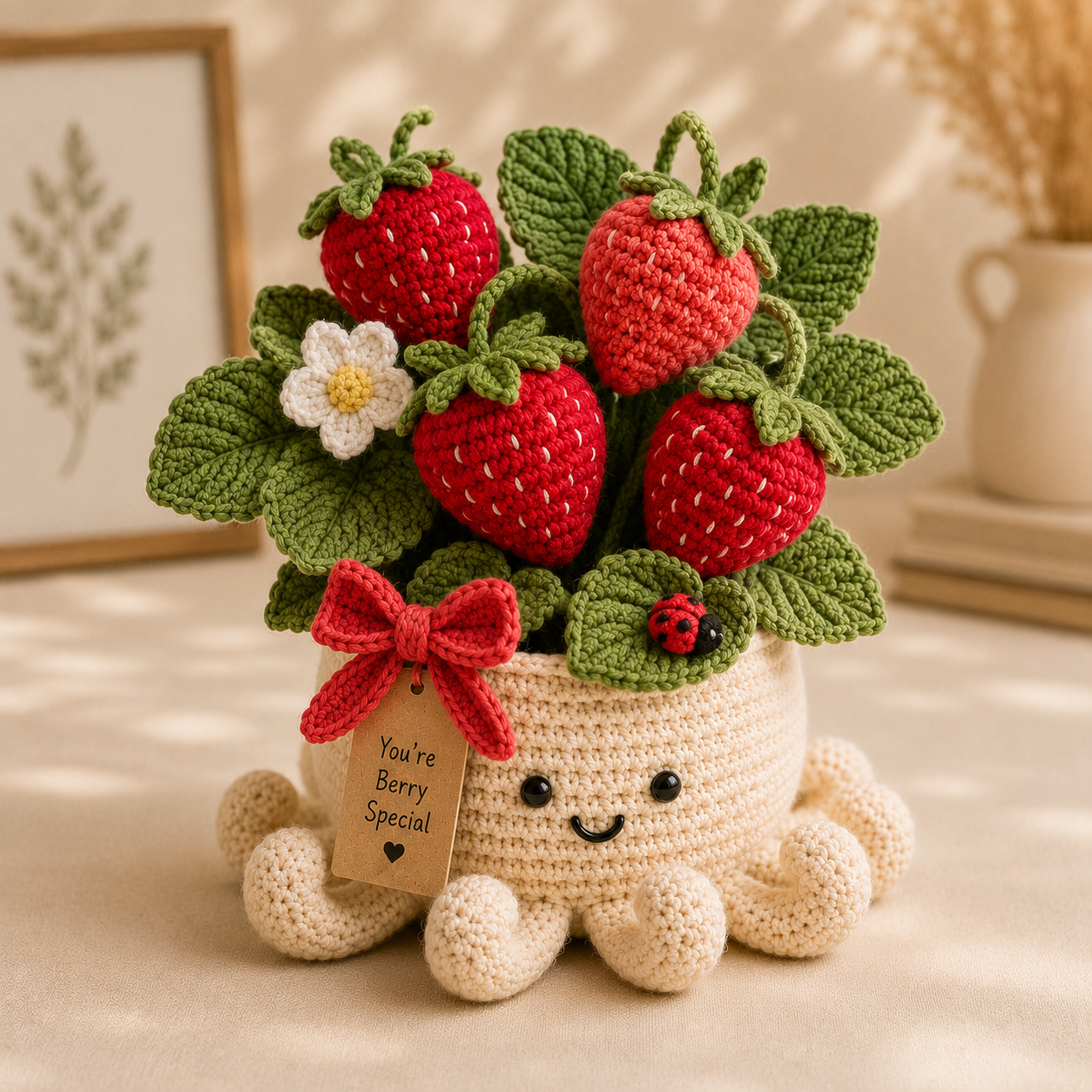Crochet Strawberry Plant & Ladybug in Smiling Octopus Pot