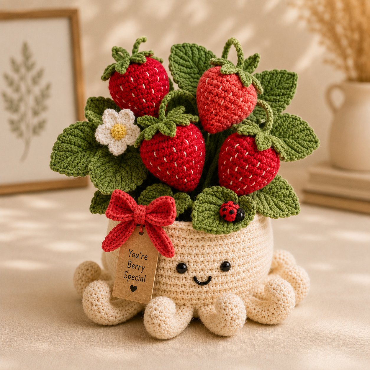 Crochet Strawberry Plant & Ladybug in Smiling Octopus Pot